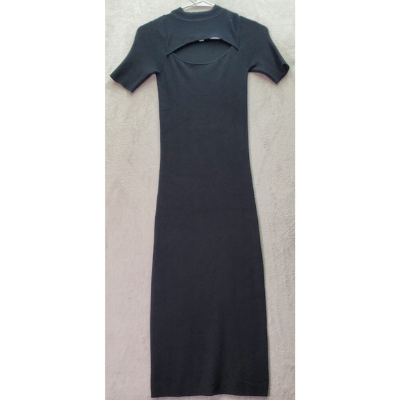 Leith Sweater Dress Women's‎ 2XS Black Ribbed Rayon Cutout Front Mock Neck Slit - Picture 1 of 7